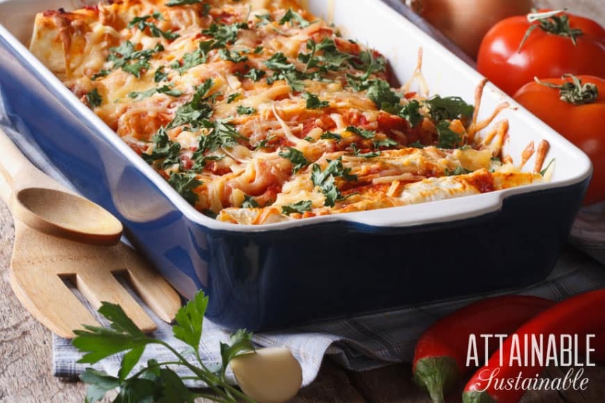 lasagna in a pretty dark blue rectangle casserole dish