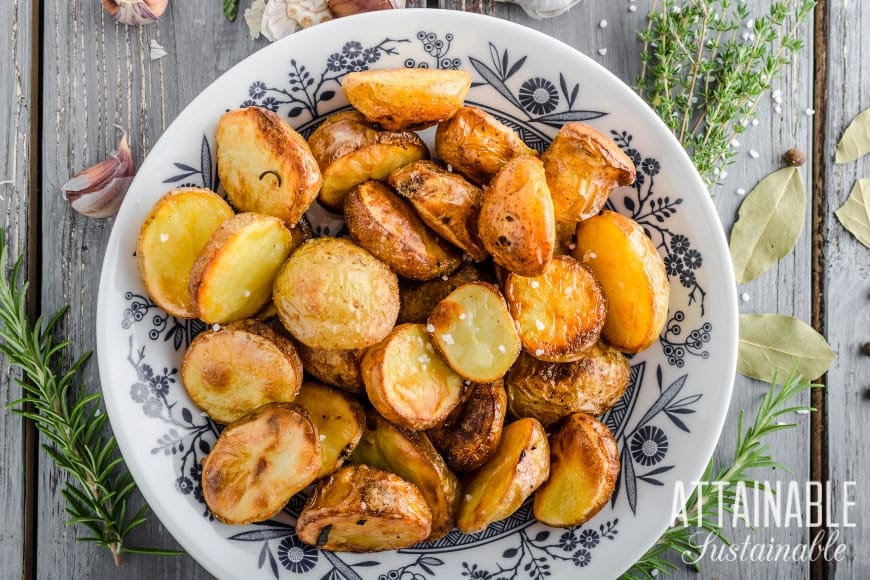 roasted potatoes on a white and blue plate -- eating healthy on a budget
