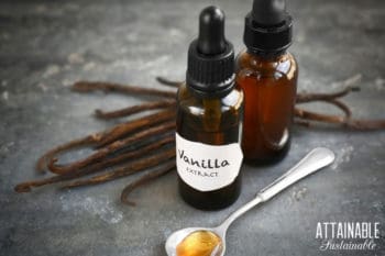 brown bottle of homemade vanilla with vanilla beans