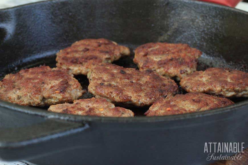 homemade sausage in a cast iron pan