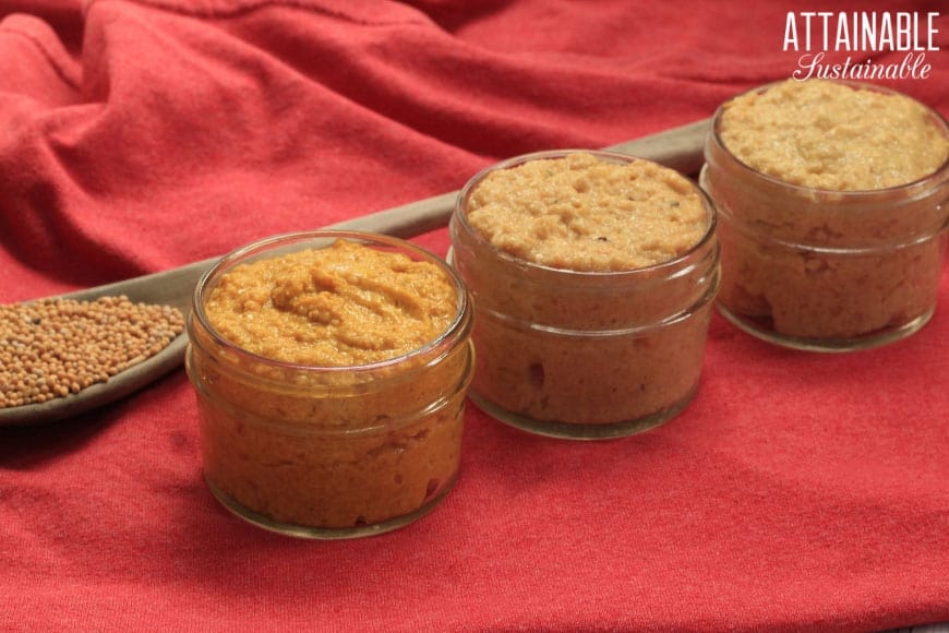3 glass jars of homemade mustard on a red background