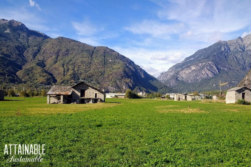 fields of green with stone buildings and mountains in the background