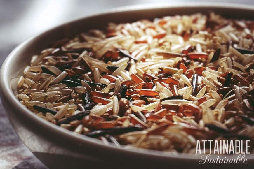 grains of white and wild rice in bowl