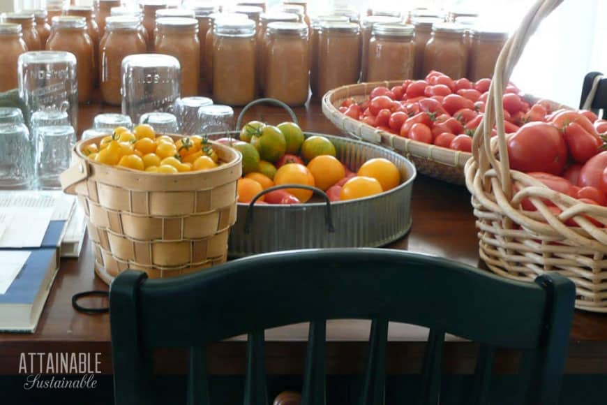fresh tomatoes in baskets ready to make canned salsa