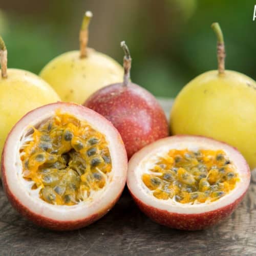 cut open lilikoi, purple and yellow varieties