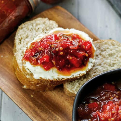tomato chutney served on sliced baguette bread