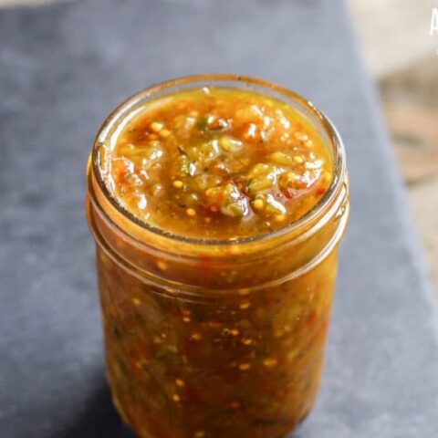 Watermelon Rind Relish Recipe in a glass canning jar