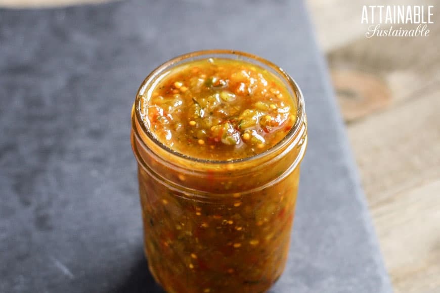 Watermelon Rind Relish Recipe in a glass canning jar