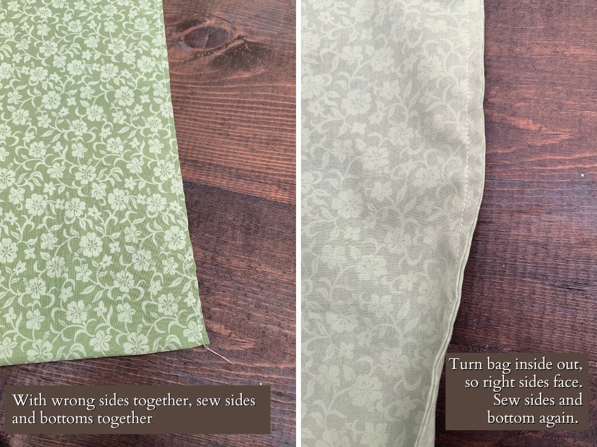 2 panel showing seams on homemade cloth bags.