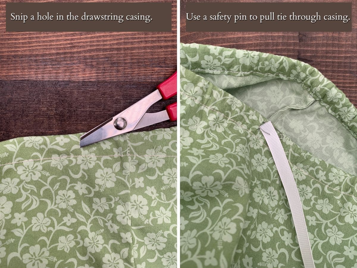 2 panel showing scissor snip in casing and pulling ribbon through with a safety pin.