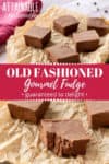 several squares of gourmet fudge, one with a bite out of it, on a brown paper background