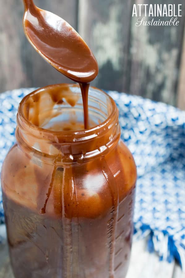 spoon full of hot fudge sauce and jar full of hot fudge sauce