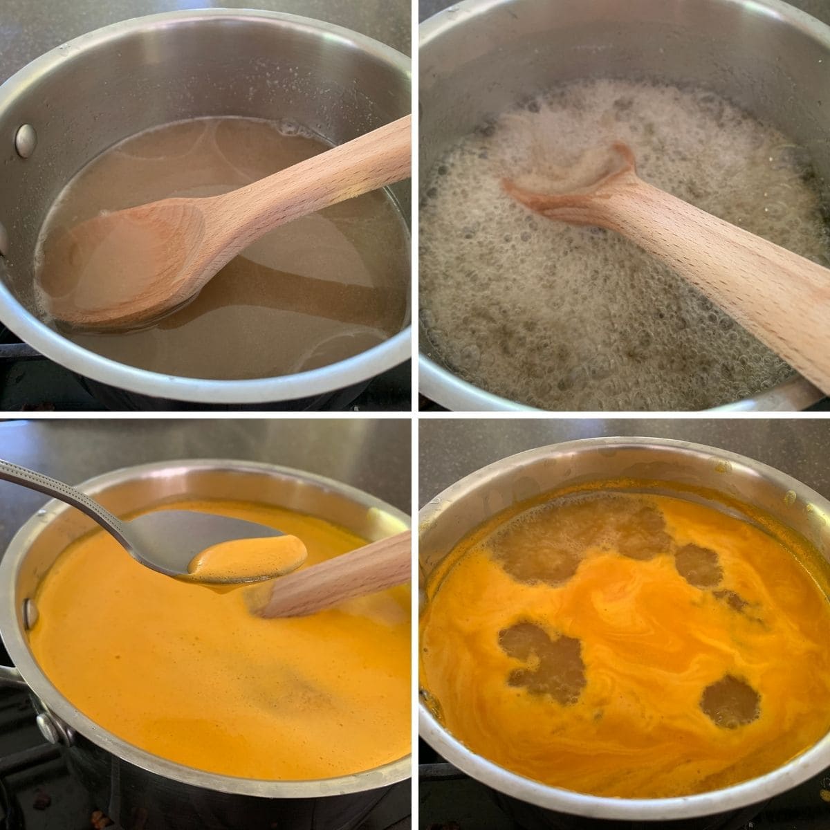 collage of cooking process, showing sugar mixture in pan.