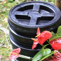 worm bin outside with red flowers