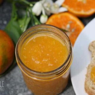 jar of tangerine marmalade, open and some spread on bread