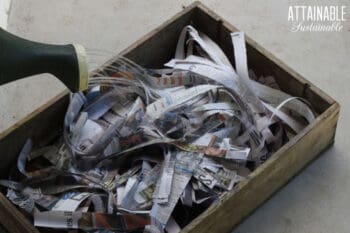 shredded newspaper in a wooden box