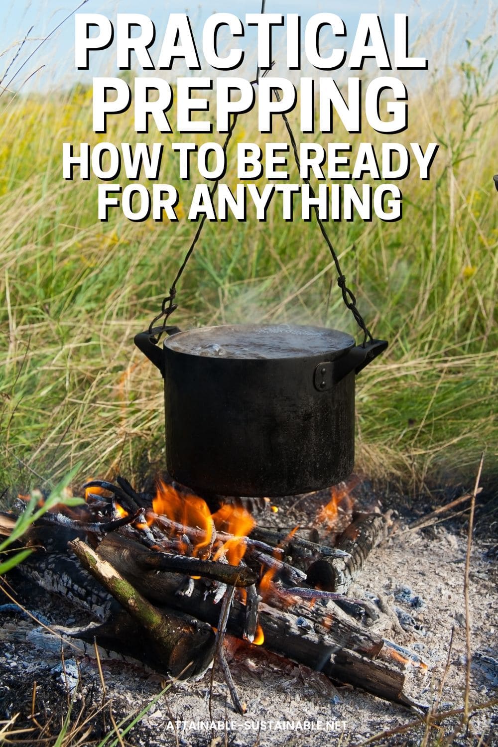 cast iron dutch oven hanging over a fire.
