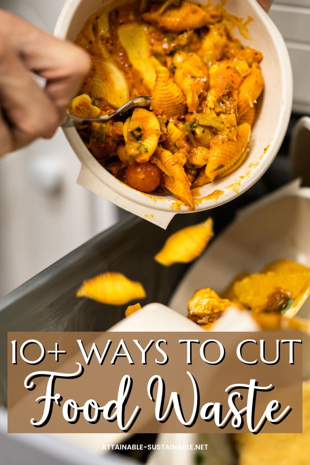 hand scraping a plate of pasta into the trash.