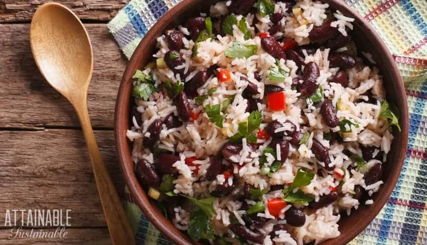 Wooden bowl of rice and beans 