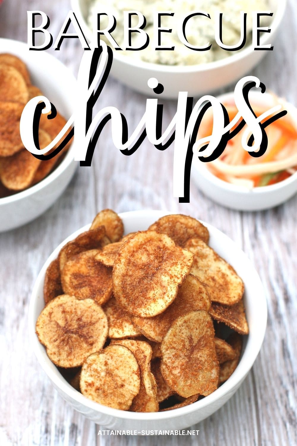 BBQ potato chips in a white bowl.