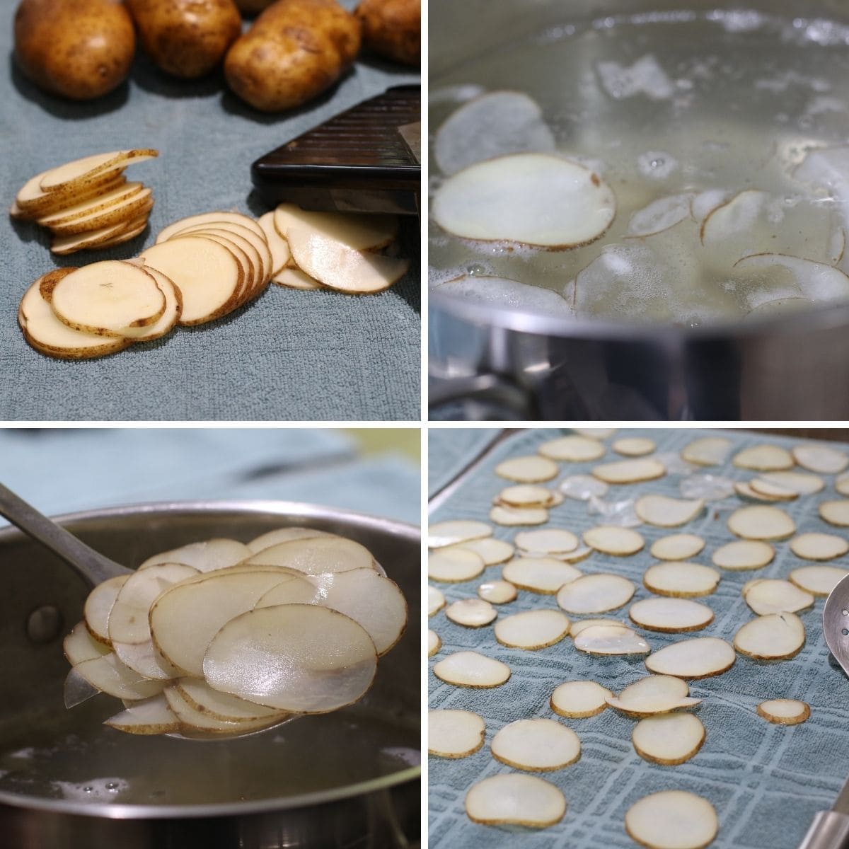 process of making homemade chips, slicing, boiling, draining.