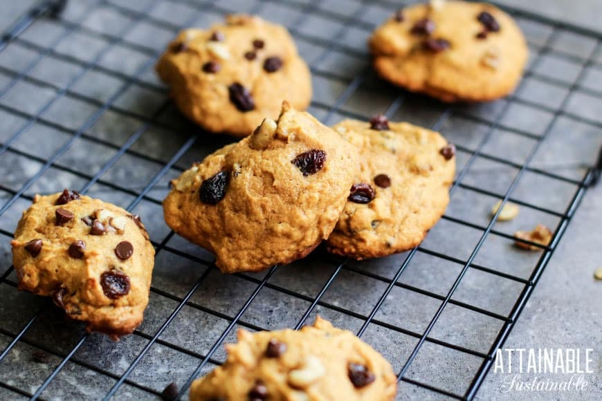 persimmon cookies with raisins and chocolate chips on a cooling rack