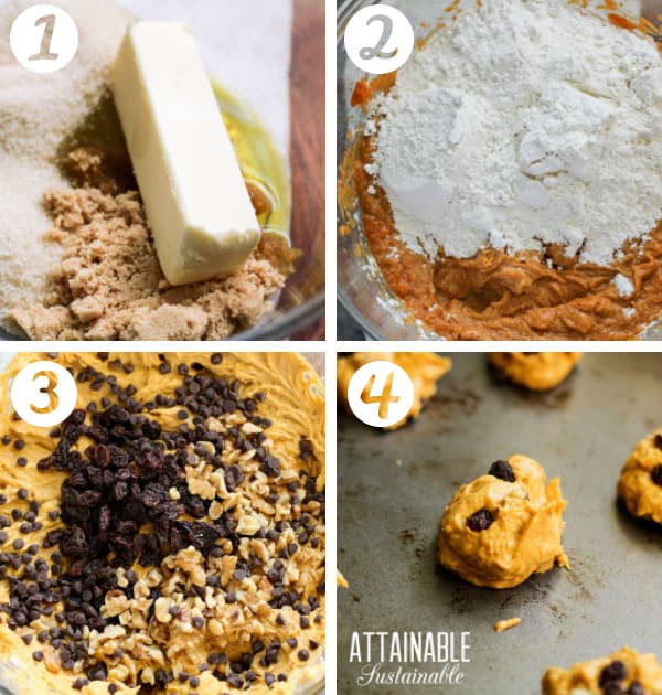 This persimmon cookie recipe is an old family recipe. Make them in the fall with fresh persimmons, or store persimmon pulp in the freezer so you can make these persimmon cookies all year long. Make them with chocolate chips, raisins, and nuts for a flavor-packed sweet treat to pack in school lunches or take on the go. process photos of making cookies in a glass bowl