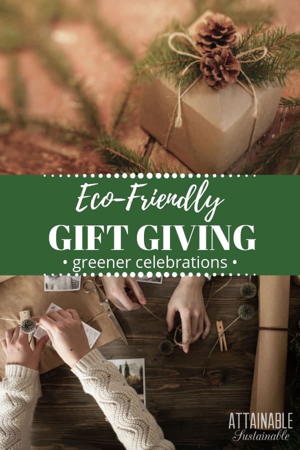 brown paper wrapped gift with a pine cone and greenery, hands making gifts