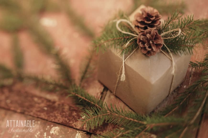 brown paper wrapped package with a pine cone and greenery