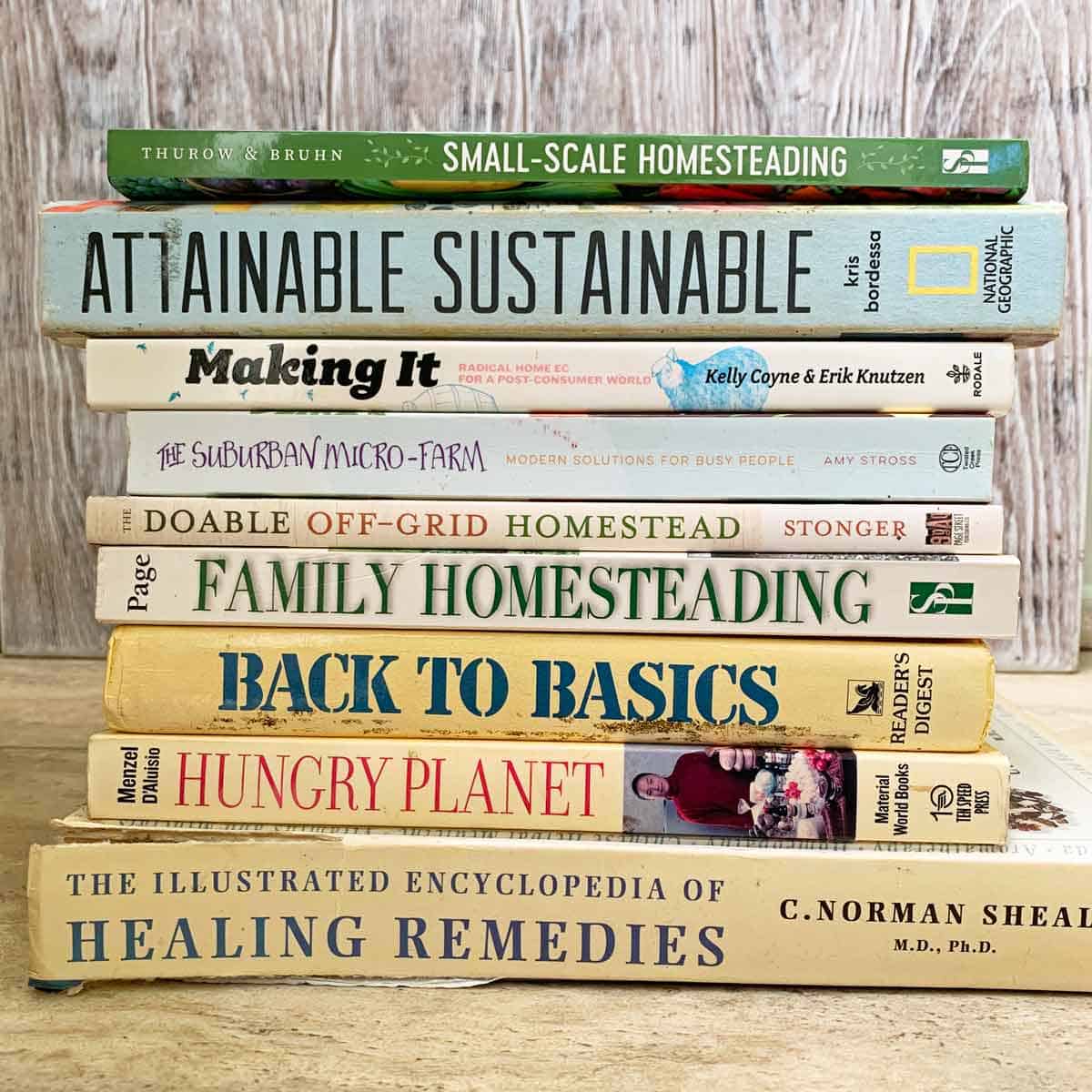stack of books about the homesteading topic.