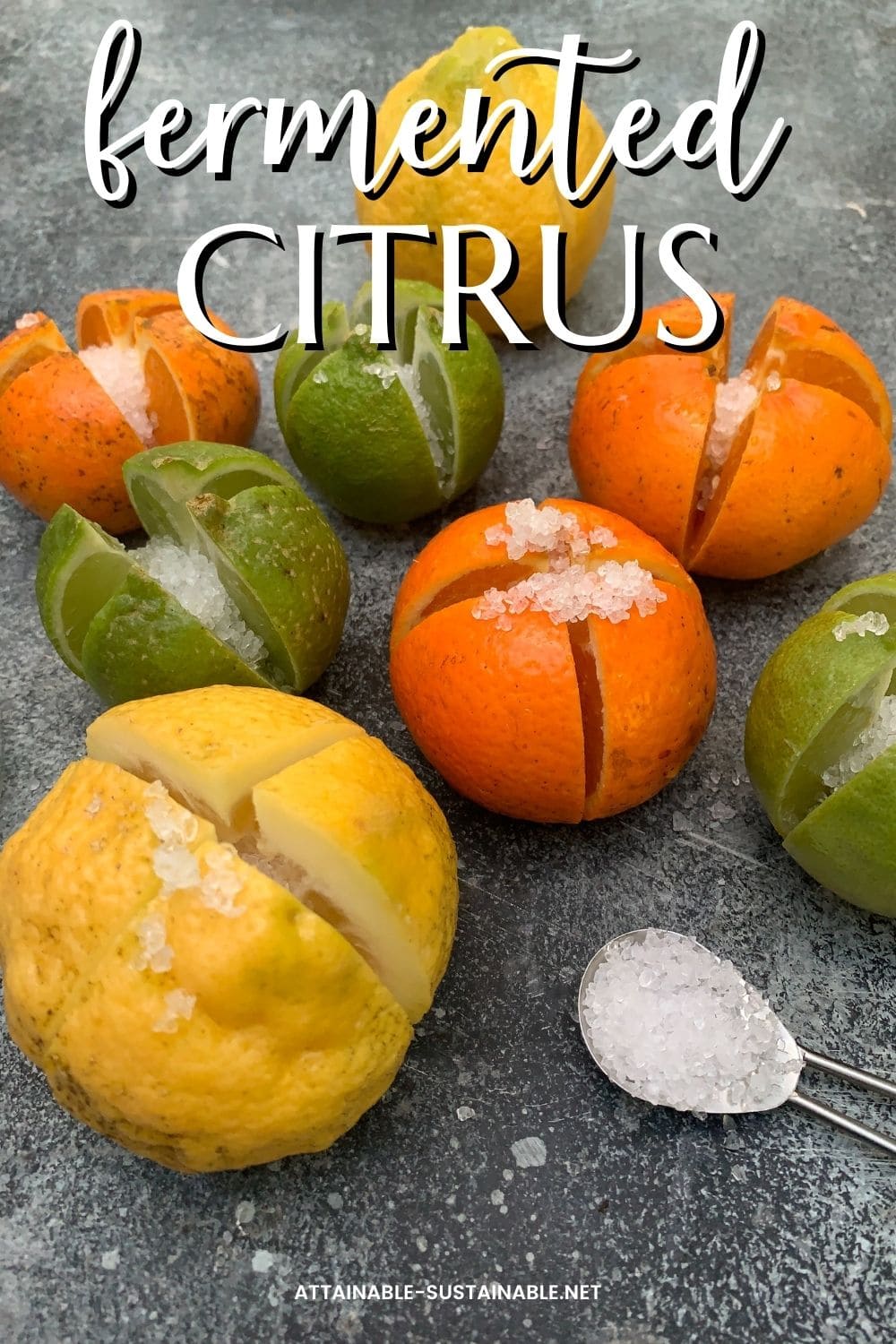 Citrus cut into quarters ready for fermenting with salt in the center of each.