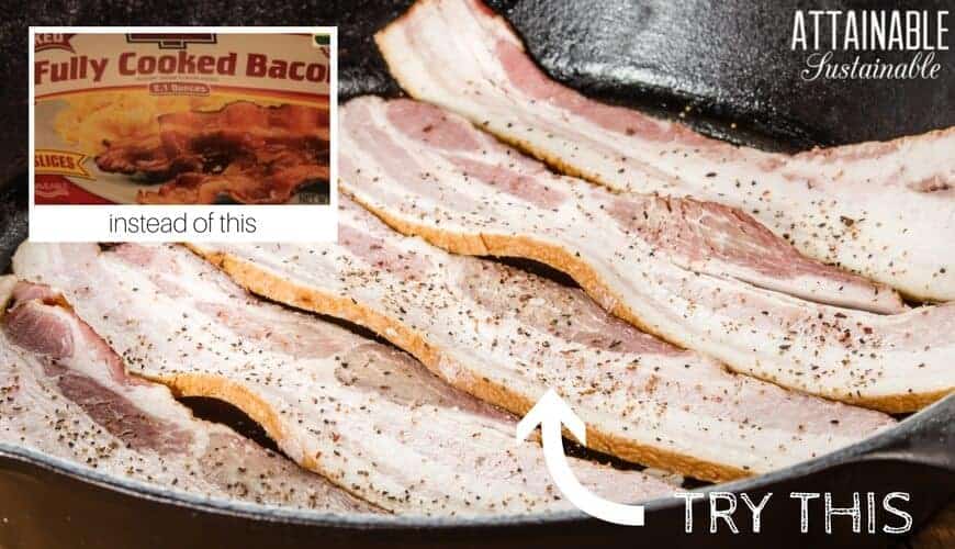 raw bacon in cast iron frying pan