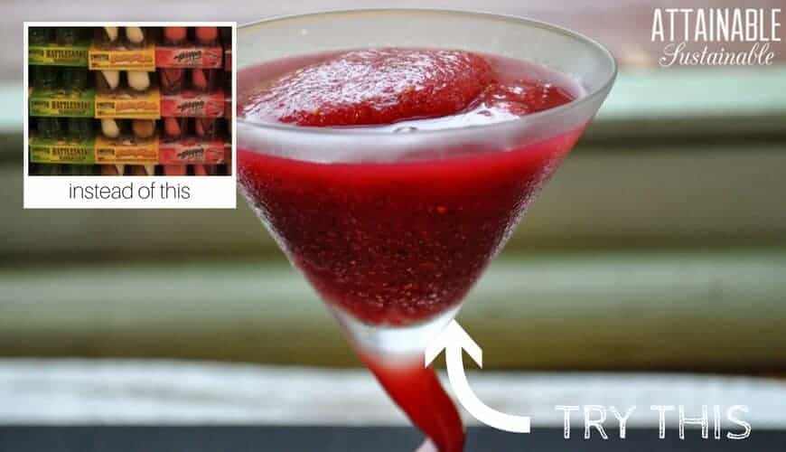 blended cold red drink in a fancy glass - homemade bar recipe to try