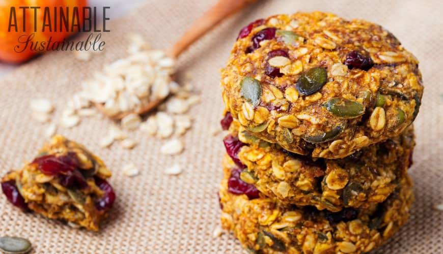 three breakfast cookies stack near ingredients