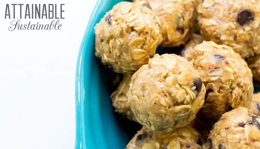 healthy energy balls in a blue bowl