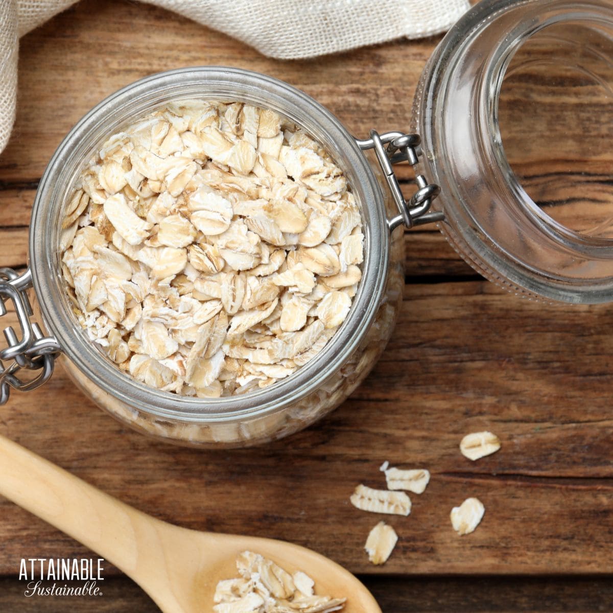 swing top jar of rolled oats, from above.