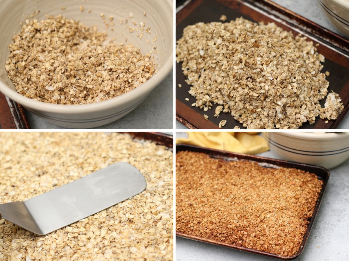 4 panel showing process of making granola bars.