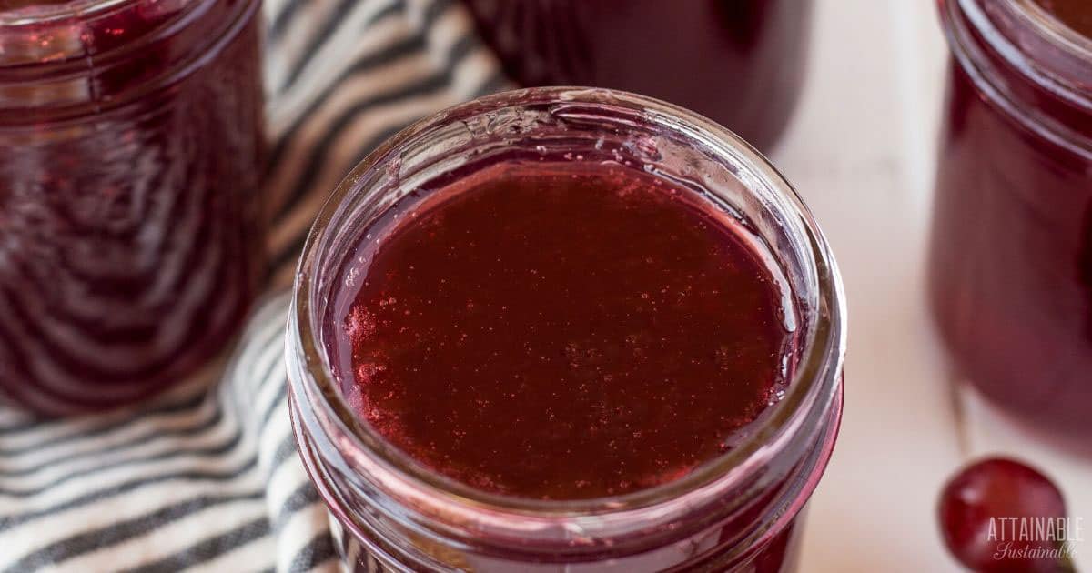 close up of grape jelly in a canning jar