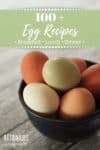 brown and green eggs in a brown bowl