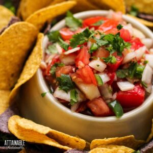 bowl of fresh garden salsa surrounded by round tortilla chips.