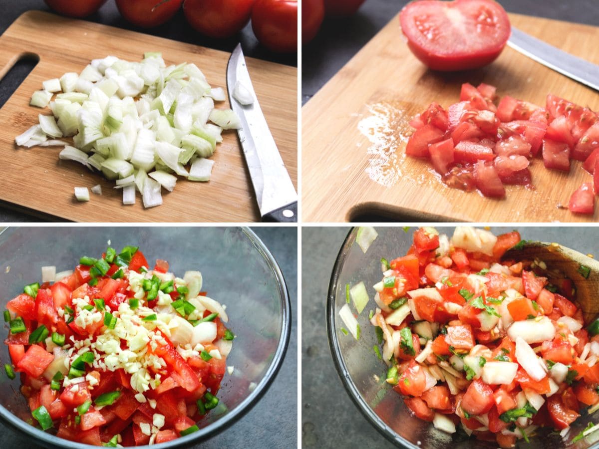process of chopping and mixing vegetables for salsa.