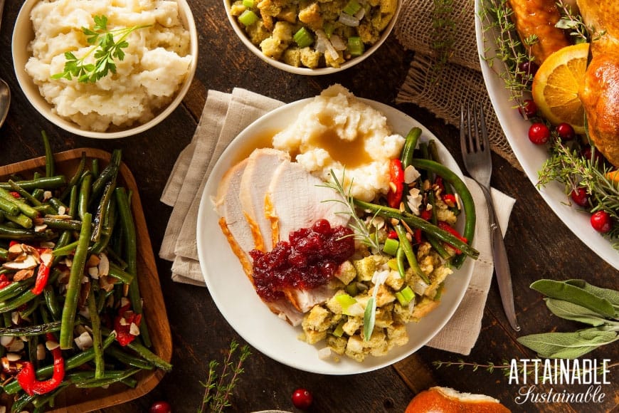 holiday dinner from above -- plate with turkey, mashed potatoes, and stuffing