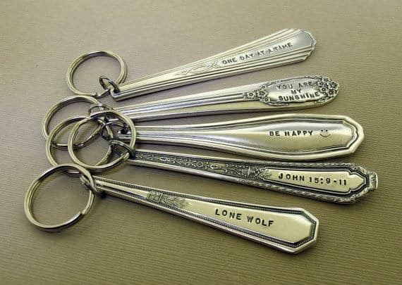 Upcycled silverware turned into beautiful keychains. 