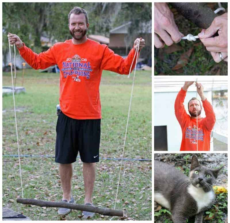 bearded man in a long sleeved orange shirt, holding a swing for chickens