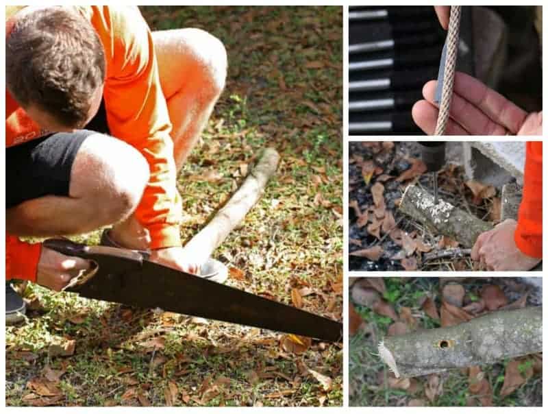 man in orange shirt with a hand saw