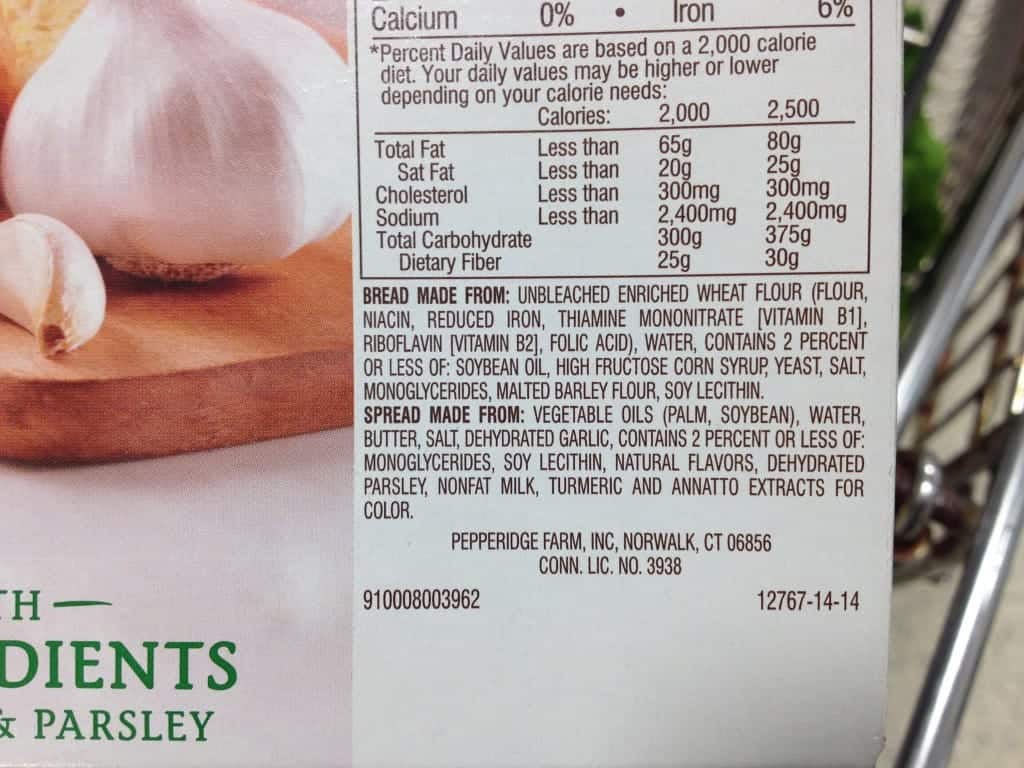 ingredients label from a frozen box of Texas Toast