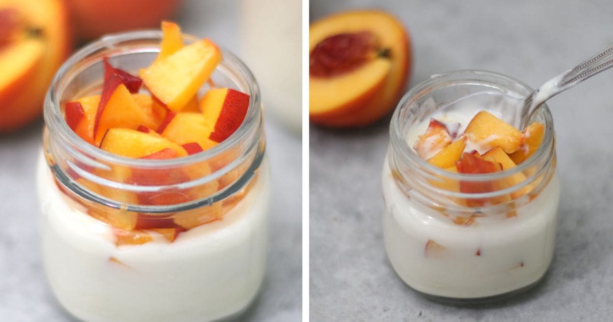 small jar with vanilla yogurt and chunks of fresh peach.