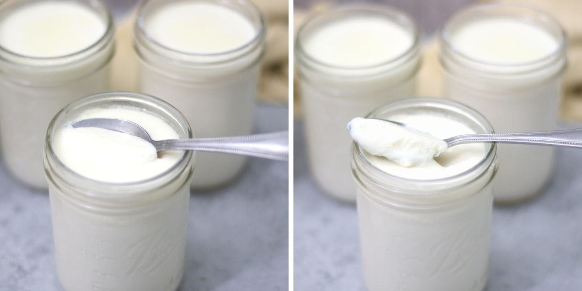 jar of homemade vanilla yogurt with a spoon.