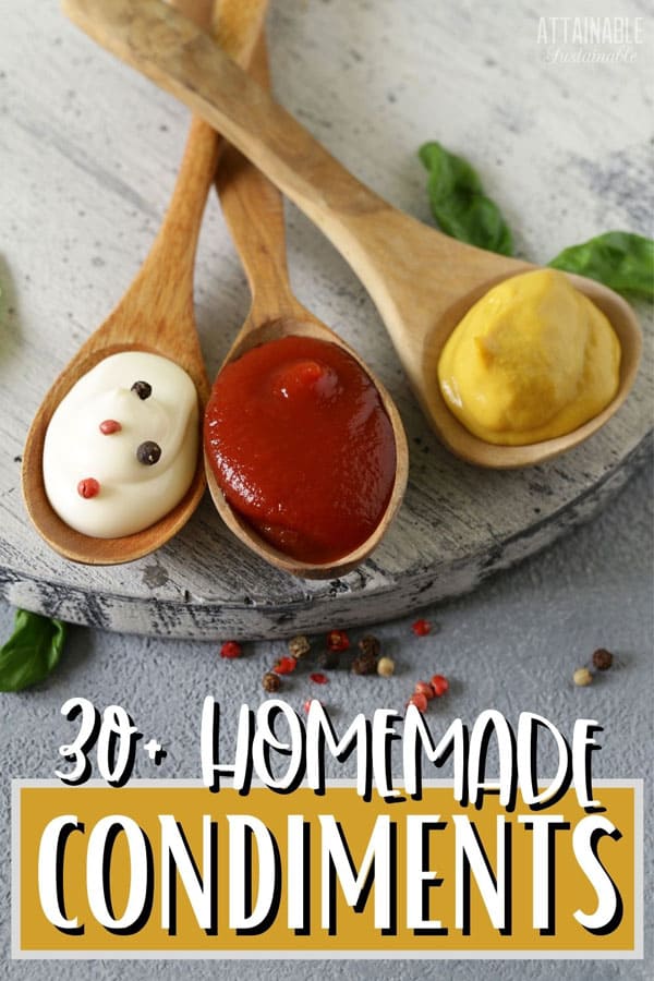 mayo, ketchup and mustard on wooden spoons