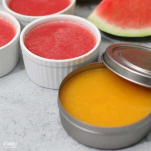 yellow and red homemade jello in small cups.